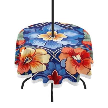 Imagem de ATTX Toalha de mesa redonda mexicana de cerâmica ao ar livre – 152 cm, impermeável, à prova de derramamento, uso interno/externo, com orifício para guarda-chuva com zíper para acampamento, piquenique