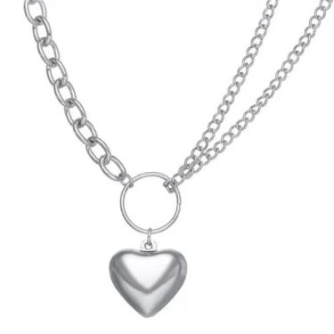 Imagem de Colar Pingente Argola Coração Correntes Prateado - DCXAM