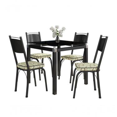 Imagem de Conjunto De Mesa Tubular Malva Com 4 Cadeiras 151 Tampo De Vidro 75Cm Preto Assento Cedro Artefamol