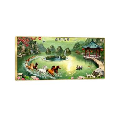 Imagem de Chinoiserie Arte de parede paisagem imagem em tela - ponte do lago cavalo - pintura chinesa - impressões de moldura dourada para decoração de casa 40 x 80 cm 16 x 31 pol