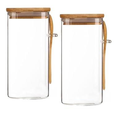 Imagem de Kit 2 Potes Hermético de Vidro com Tampa de Bambu e Colher 1300ml