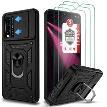 Imagem de Capa T-Mobile REVVL V+ 5G, capa REVVL V+ 5G com [3X protetor de tela de vidro temperado], suporte de anel integrado e suporte magnético para carro à prova de choque à prova de choque capa robusta para REVVL V+ 5G - Preto