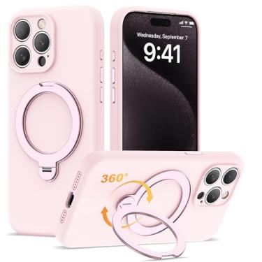 Imagem de LEKMOTIN Capa compatível com iPhone 15 Pro Max de 6,7 polegadas com suporte magnético giratório 360 [compatível com Mag-Safe] Capa de silicone líquido macio 15 Pro Max para homens e mulheres, rosa