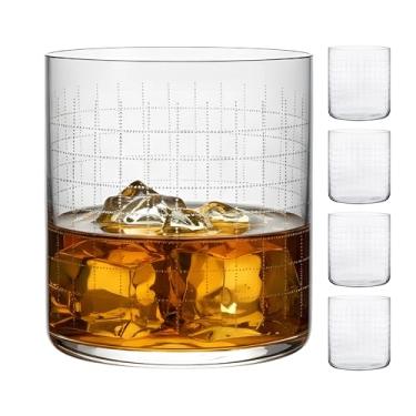 Imagem de NUDE Conjunto de 4 copos de uísque DOF – 375.6 g Finesse Grid Chumbo Cristal Old Fashioned Rocks Copos para Whisky, Scotch & Bourbon – Tema gráfico gravado, lavável na lava-louças