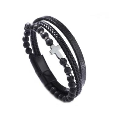 Imagem de 72ore Pulseira masculina de couro cruzado, vintage, multicamadas, feita à mão, de couro trançado, pulseiras punk com contas para presentes religiosos cristãos, joias, Adjustable, Couro, Sem Pedra