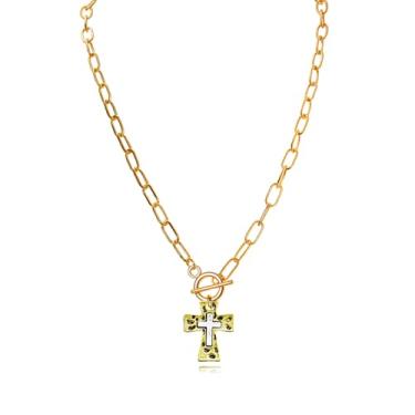 Imagem de Locrccl Colar de cruz grossa para mulheres, colar com pingente de cruz martelada em camadas de prata dourada, clipe de papel, corrente de pingente de espinha de peixe, gargantilha de cobra, joias