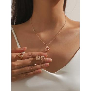 Imagem de Colar com pingente de nó de amor banhado a ouro, brincos e conjunto de anéis para mulheres minimalistas, joias torcidas entrelaçadas, presente delicado para ela