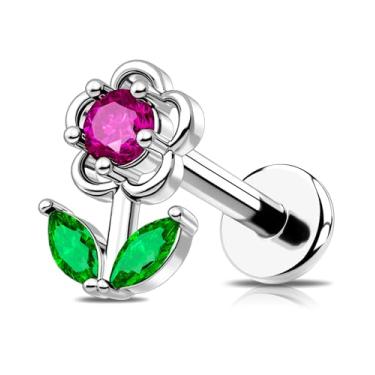 Imagem de OUFER 16G Floral CZ Helix, Tragus & Cartilage Piercing Coleção de Joias - Aço Inoxidável, Rosca Interna, Brincos de Pino Plano para Mulheres e Homens (Várias Cores, 6 MM, Piercing Labial), 16g 6mm