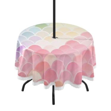 Imagem de CEBUGI Toalha de mesa redonda para uso ao ar livre, escala colorida, impermeável, com furo Umberlla, capa de mesa lavável para pátio, cozinha, sala de jantar, 152 cm