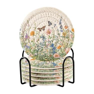 Imagem de SEHANY Elegante conjunto de 6 porta-copos de flores de borboleta com suporte, porta-copos redondos absorventes de algodão resistente ao calor para mesa de jantar, canecas de café, 10 cm