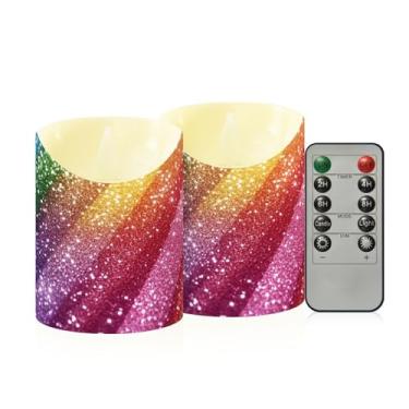 Imagem de Wassud Velas sem chama com glitter arco-íris com controle remoto, velas realistas cintilantes com temporizador, velas decorativas para Natal, casamento, festa, decoração de casa pequenas