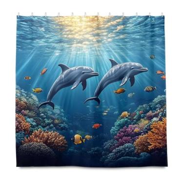 Imagem de Bolaz Cortina de chuveiro - golfinho coral, cortina de banheiro de tecido lavável à prova d'água com 12 ganchos para banheiro, chuveiros e banheiras, 182 x 183 cm