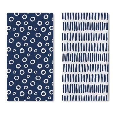 Imagem de Croar Conjunto de 2 panos de prato de cozinha geométricos estilo japonês, azul marinho, branco, moderno, círculo, abstrato, linha, linha, secagem, pano, pano, cozinha, pano, minimalista, decoração de