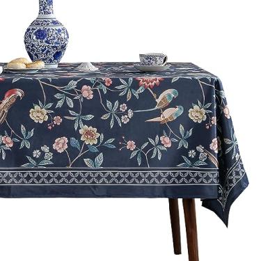 Imagem de patdrea Toalha de mesa retangular de linho azul escuro vintage, azul marinho, estampa floral e pássaros, capa de mesa decorativa para cozinha, jantar, festa de chá, casa, Natal, 160 cm x 221 cm