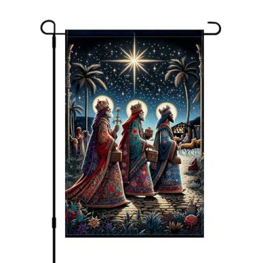 Imagem de Bandeira de jardim de Natal para homens sábios bandeira de presépio dupla face poliéster decoração de férias ao ar livre banner de quintal de Natal religioso para gramado pátio decorações de casa 30 x