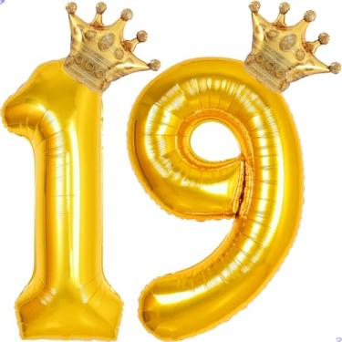 Imagem de 19 balões com números dourados de 101,6 cm para decorações de aniversário de 19 anos para homens e mulheres, balões gigantes jumbo de 19 anos de Mylar