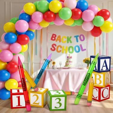 Imagem de LaRandom 115 peças de decoração de festa de volta às aulas, ABC e 123 caixas de balões gigantes grandes infláveis lápis pendurados balões coloridos para sala de aula, jardim, sala de aula, decorações