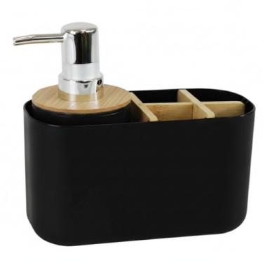 Imagem de Kit Organizador Black & Bamboo, Suporte + Dispenser Pump para Banheiro Moderno
