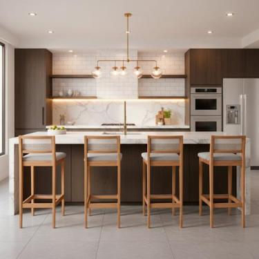 Imagem de Kit 4 Banquetas Estofada em Linho Encosto Palhinha Bruna cor:mel com l