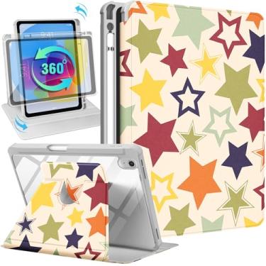 Imagem de Uppuppy Capa para iPad A16 para iPad 10ª geração, capa inteligente com suporte giratório de 360 graus com suporte para lápis para mulheres e meninas, estrelas coloridas para tablet Apple 10th 2022