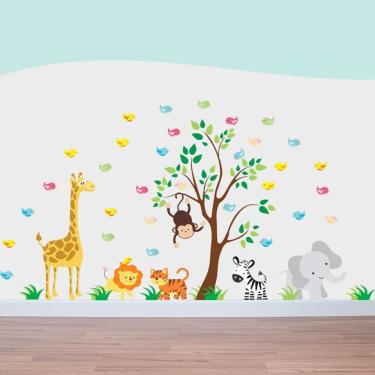 Imagem de Adesivo Parede árvore Safari Infantil + 31 Passarinhos Bebê Colorido