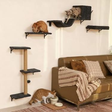 Imagem de FUKUMARU Prateleiras de parede para gatos, conjunto de móveis 4 em 1 estáveis e seguros, parede de escalada de madeira com poste para arranhar para drywall de 40 cm - cinza