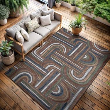 Imagem de CAMILSON Tapete para ambientes internos e externos, marrom 20 x 25 cm, tapete listrado geométrico para pátio e áreas de casa, sala de estar, jardim e deck lavável tapete externo (20 x 25)