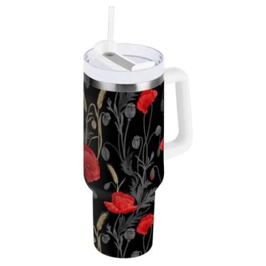 Imagem de ODAWA Copo de flor grande, preto, isolado a vácuo, com alça e tampa de palha, copo com isolamento de queda