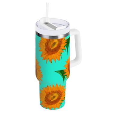 Imagem de ODAWA Copo grande com isolamento turquesa de girassóis com alça e tampa de palha, copo isolado de aço com tampa 2 em 1