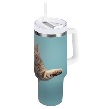 Imagem de ODAWA Caneca isolada de gatinho pulando de 850 g com alça e tampa de palha, copo com isolamento duplo com tampa 2 em 1