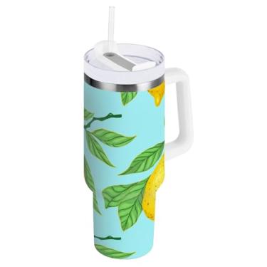Imagem de ODAWA Copo de viagem isolado grande com canudo e alça, copo à prova de vazamento de folhas verdes limão