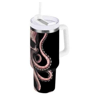 Imagem de ODAWA Copo grande com isolamento térmico de aço inoxidável com canudo e alça para viagem