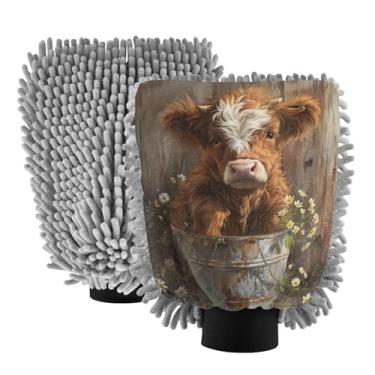 Imagem de ODAWA Luvas de lavagem de carro chenille, luvas rústicas de vaca marrom para lavagem de carro para canhão de espuma, pacote com 2 20,5 x 30 cm