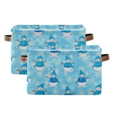 Imagem de Caixas de armazenamento dobráveis de tecido – Caixas organizadoras de tecido impermeável de 36 cm com alças para prateleiras, flocos de neve, bonecos de neve, azul, pacote com 2