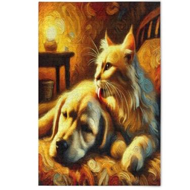 Imagem de Quebra-cabeça de adultos com estampa de cachorro fofo e gato, 1000 peças, presentes para amantes, família, quebra-cabeça artístico, quebra-cabeças rígidos, flor animal, 1000 peças, 75 x 50 cm