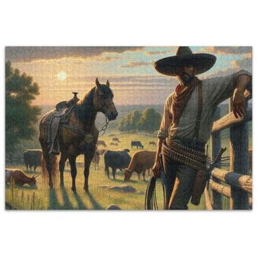 Imagem de Quebra-cabeça de cavalo cowboy ocidental para adultos, 1000 peças, presentes de jogos para a família, quebra-cabeças rígidos, pintura decorativa colorida