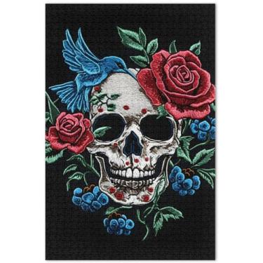 Imagem de Quebra-cabeça crânio rosas flor preto 1000 peças para adultos paisagem quebra-cabeça cena inverno quebra-cabeças jogo quebra-cabeça, presentes, 75 x 40 centímetros