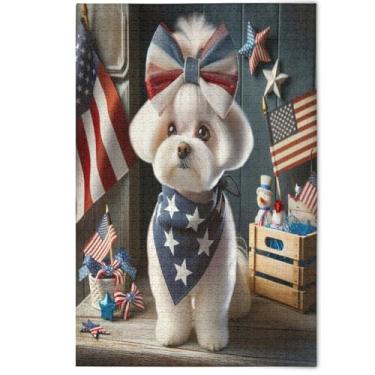 Imagem de Quebra-cabeça de cachorro fofo bandeira da América, 1000 peças, presentes para adultos, jogo de elefante branco, quebra-cabeças divertidos para a família, pintura de decoração de arte estética, 1000