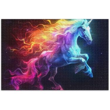 Imagem de Quebra-cabeça de unicórnio colorido cavalo arco-íris 500 peças para adultos presentes elefante branco quebra-cabeça colorido jogo de arte, 20,5 x 14,9 polegadas