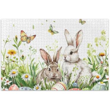 Imagem de Quebra-cabeça floral coelho Páscoa 500 peças adultos arte brinquedo pintura arte quebra-cabeça elefante branco presentes de festa, 51 x 37 centímetros