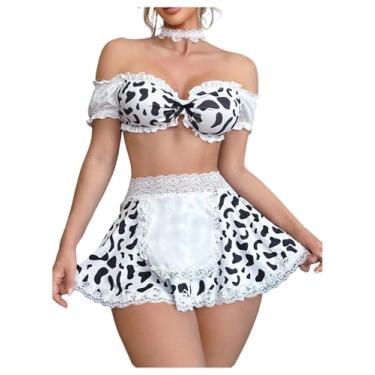 Imagem de OYOANGLE Fantasia feminina de empregada com estampa de vaca com ombro de fora, saia com avental de renda e lingerie gargantilha, Preto e branco, Small