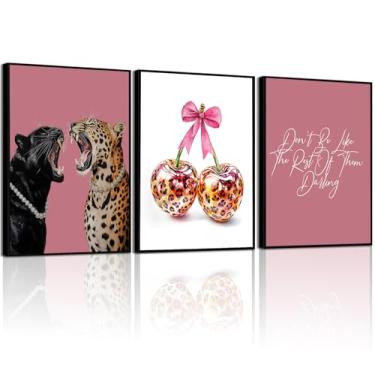 Imagem de 3 peças de arte de parede de guepardo rosa, moda, estampa de leopardo, impressões, lindo laço de cereja, decoração de parede, divertido, estilo preppy, imagens estéticas, pinturas, decoração de quarto