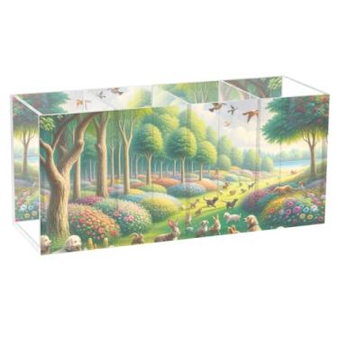 Imagem de TSENQUE Porta-lápis de mesa divertido personalizado floresta animal verde marcador artístico copo acrílico organizador de papelaria