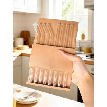 Imagem de Pacote com 8 canudos reutilizáveis de vidro 8,5" x 10 mm, 4 canudos retos e 4 canudos dobrados resistentes a estilhaços com 2 escovas de limpeza