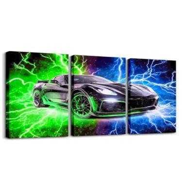 Imagem de jejeloiu Arte de parede em tela emoldurada de carro de corrida, decoração de parede para quarto, azul, verde, quadros, pintura para quarto, escritório, decoração de parede, pôsteres de carros