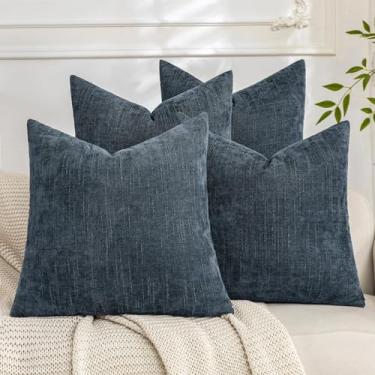 Imagem de Cozoomy Conjunto de 4 capas de almofada decorativas macias texturizadas 50 x 50 cm capa de almofada aconchegante fazenda com detalhes quadrados para cama, sofá, sala de estar, cinza e azul