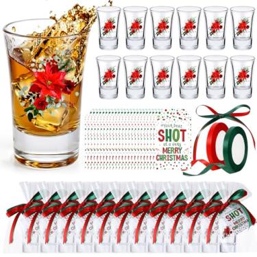 Imagem de Tiangrid 24 peças de copos de shot para lembrancinhas de festa de Natal de 42,5 g, copos de flores de Natal a granel com base pesada, copos pequenos com cartão de Natal e saco de presente e fita para