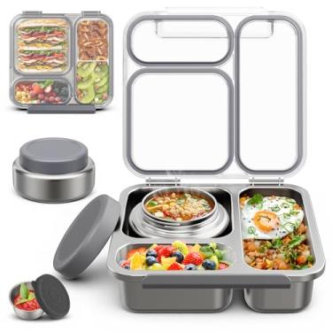Imagem de Caixa Bento de Aço Inoxidável Infantil Adulto com Sopa Térmica de 200 ml, Tampa Transparente, 3 Compartimentos, Lancheira Bento de Metal com Jarra de Alimentos Isolada, Lancheira Recipiente Copo de