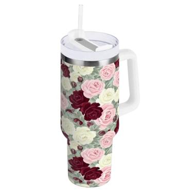 Imagem de Wassud Copo vintage de rosas com alça e tampa de canudo copo isolado garrafa de água de aço inoxidável à prova de vazamento caneca de viagem presentes para mulheres 850 g