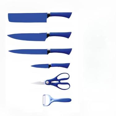 Imagem de Conjunto de Facas de Cozinha com Padrão Granito, 6 Peças, Lâminas em Aço Inoxidável, Cabo Branco, Inclui Tesoura e Descascador (Azul escuro)